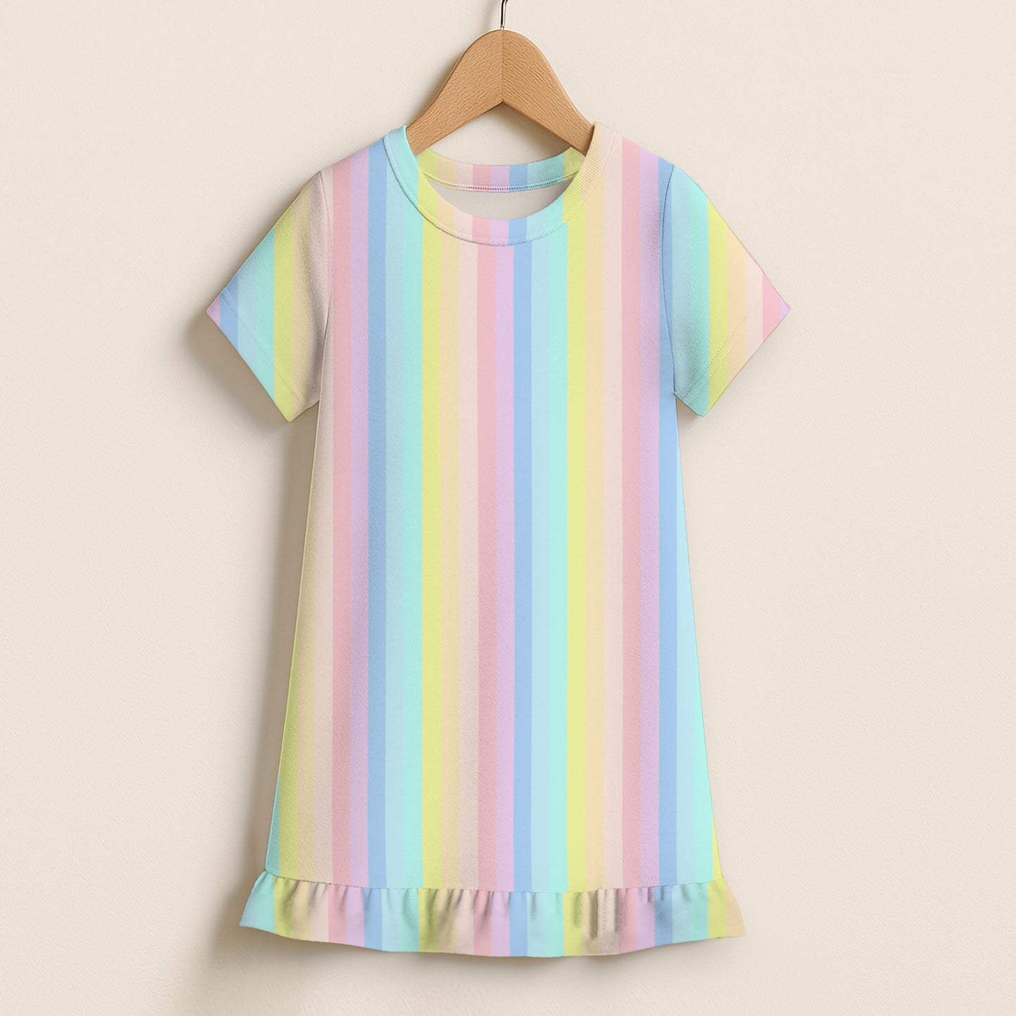 Girls Pastel Rainbow Stripe Short Sleeve Ruffle Hem Dress