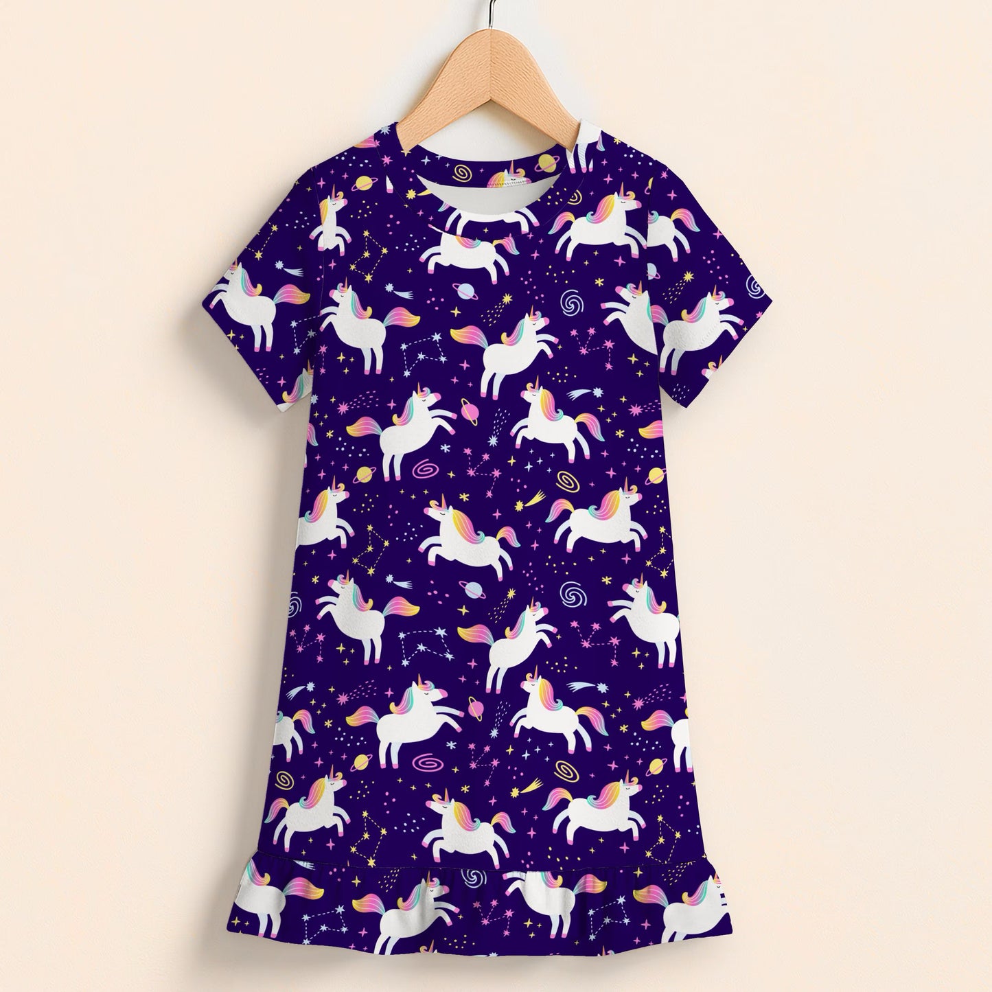 Girls Space Unicorns Short Sleeve Ruffle Hem Dress