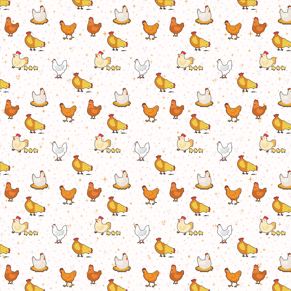 Cheerful cartoon chicken and chick pattern in warm browns, yellows, and white, with subtle golden sparkles, ideal for rustic-cute merchandise.
