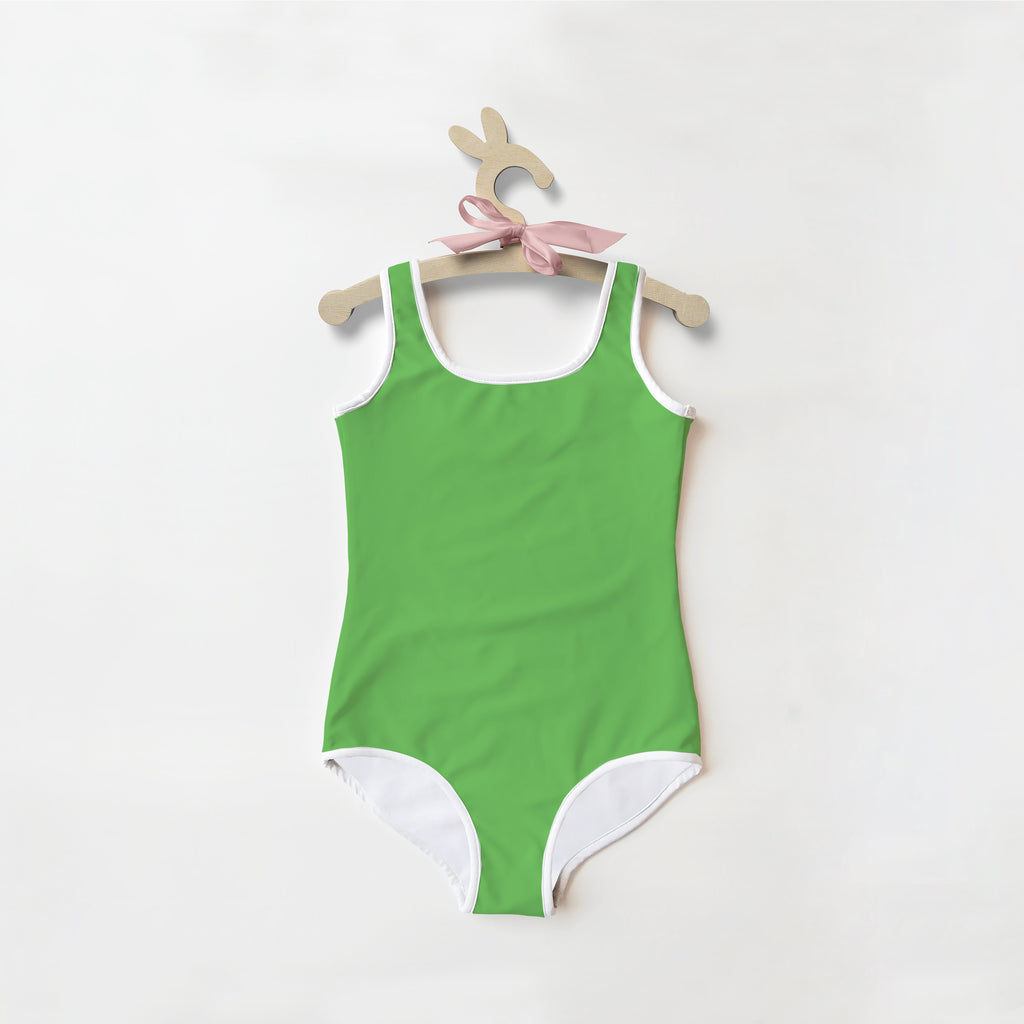 A vibrant green buttery soft one-piece swimsuit for girls with white trim and UPF 50+ sun protection