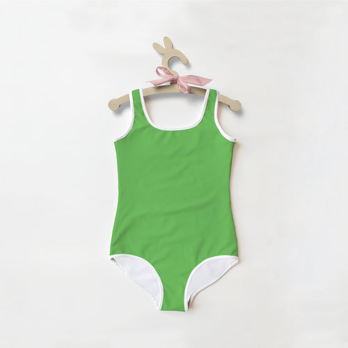 A vibrant green buttery soft one-piece swimsuit for girls with white trim and UPF 50+ sun protection