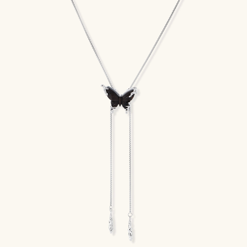Metamorphosis Butterfly Necklace - Carved Ebony Wood & Sparkling Zirconia