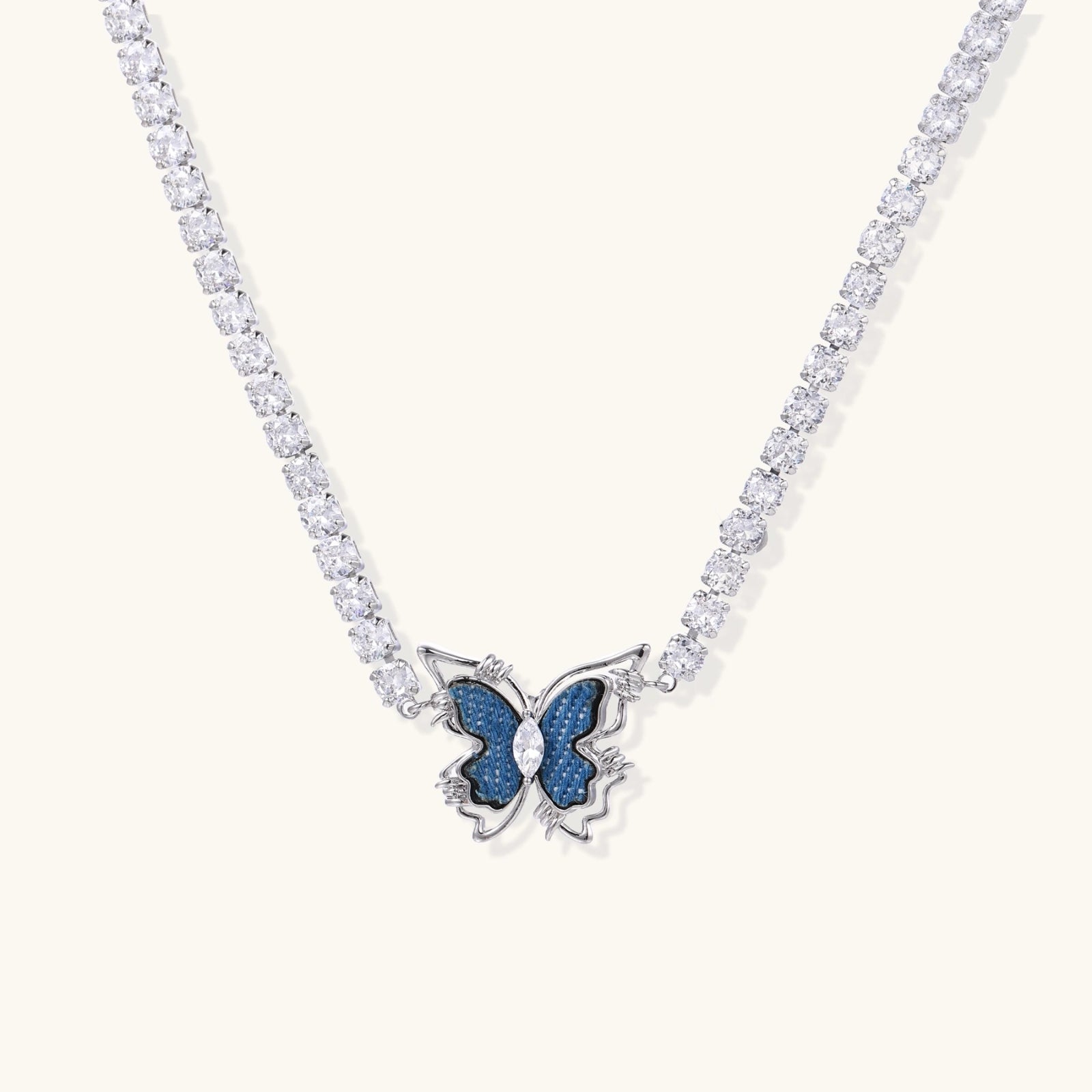 White Gold Plated Butterfly Necklace - Denim Inlay & Zirconia Pendant
