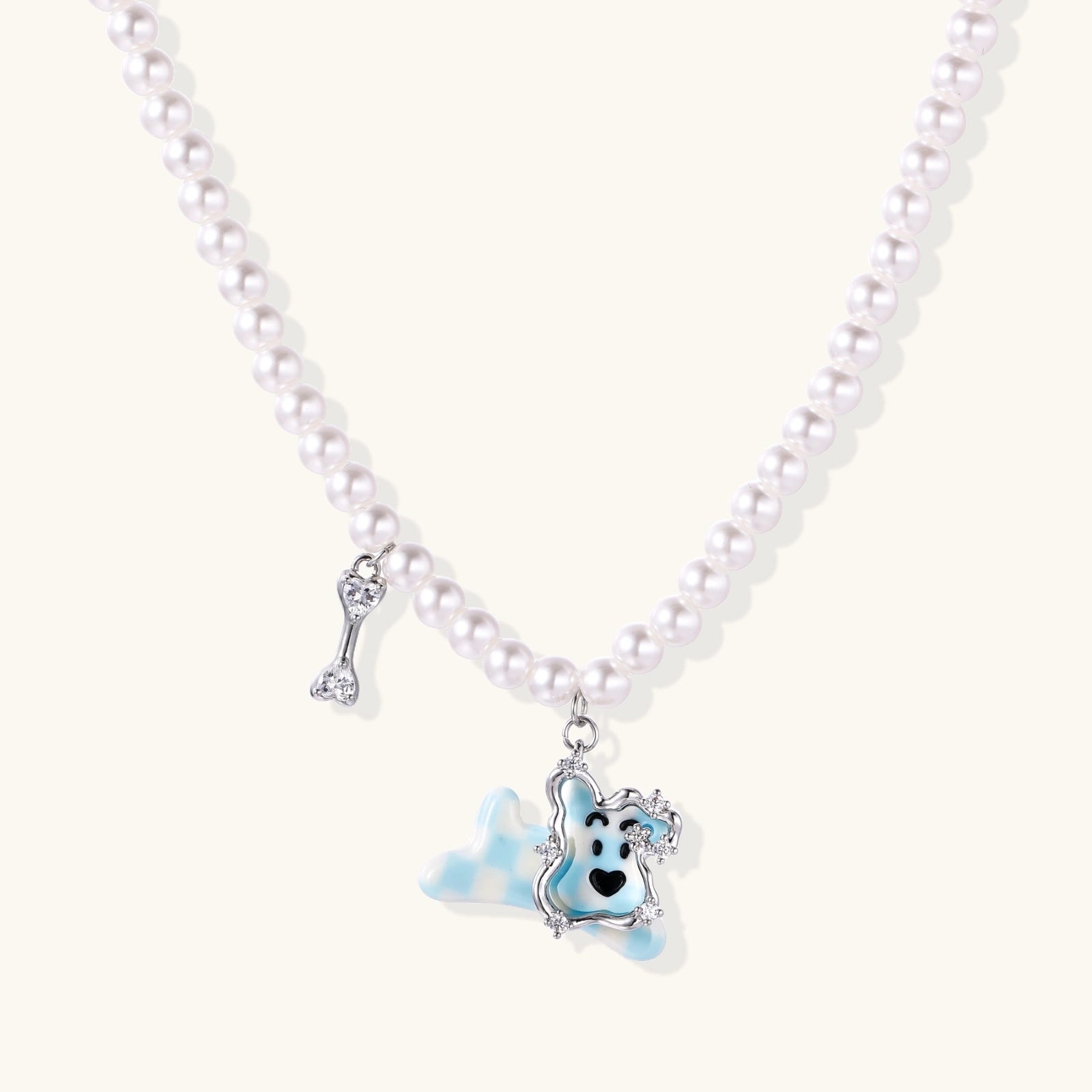 Blue Puppy Pearl Necklace - White Gold Plated Eco-Brass With Zirconia Crystals