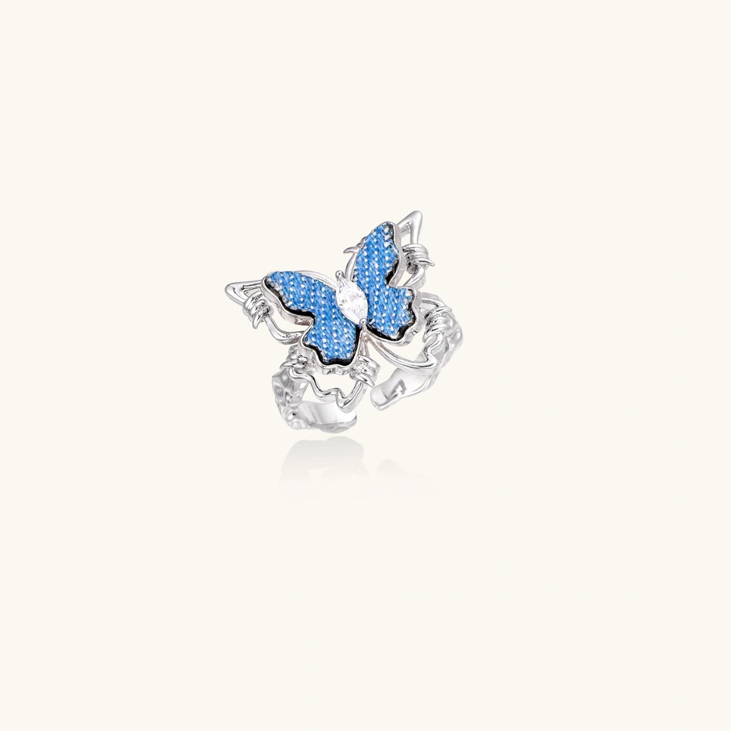 Denim Butterfly Ring - Premium Zirconia & White Gold Plated Eco-Brass