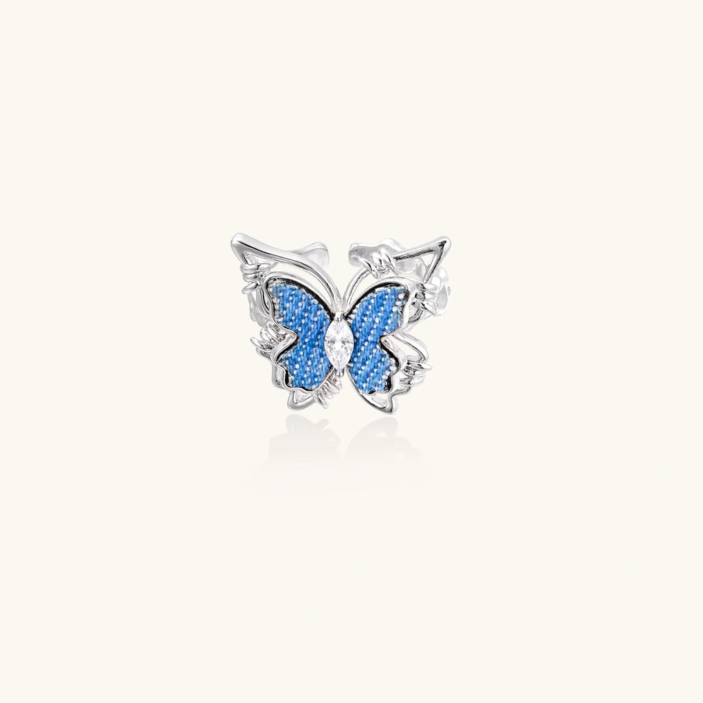 Denim Butterfly Ring - Premium Zirconia & White Gold Plated Eco-Brass