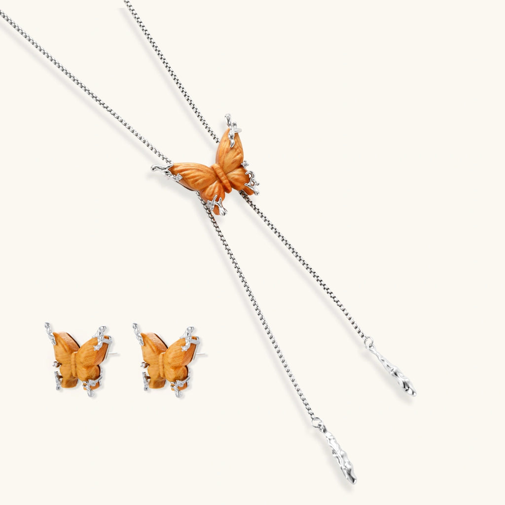 Sterling Silver Butterfly Necklace & Earrings Set - Sparkling Zirconia & Natural Wood