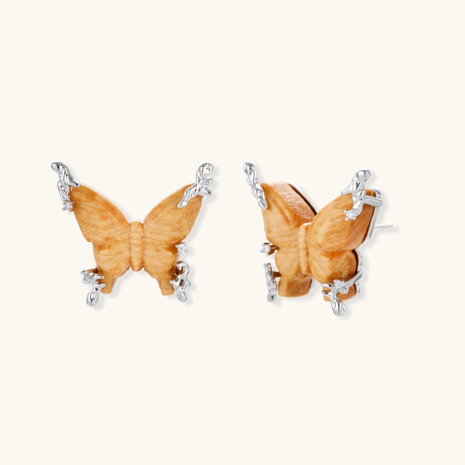 Sterling Silver Butterfly Necklace & Earrings Set - Sparkling Zirconia & Natural Wood