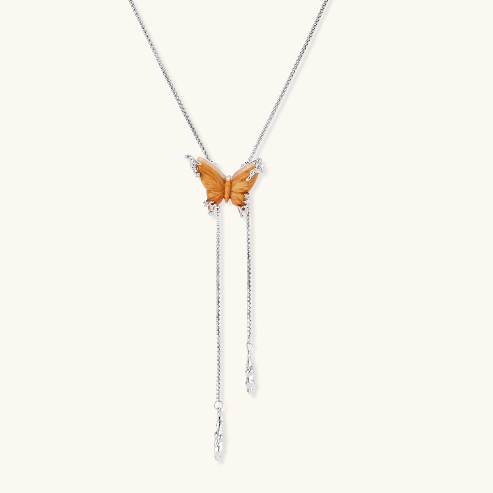 Sterling Silver Butterfly Necklace & Earrings Set - Sparkling Zirconia & Natural Wood