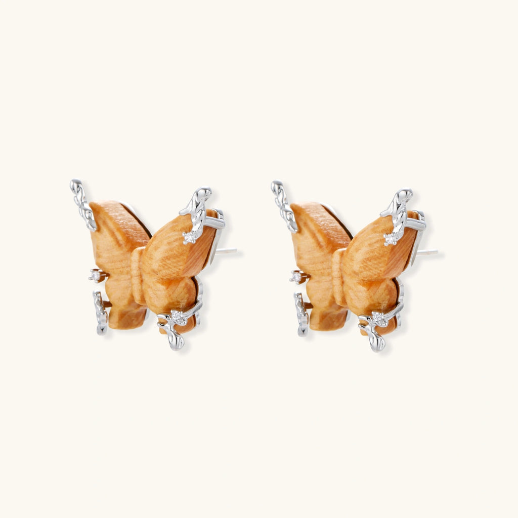 Sterling Silver Butterfly Earrings - Sparkling Zirconia & Natural Wood
