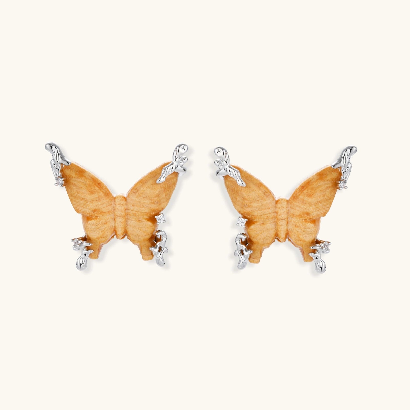 Sterling Silver Butterfly Earrings - Sparkling Zirconia & Natural Wood