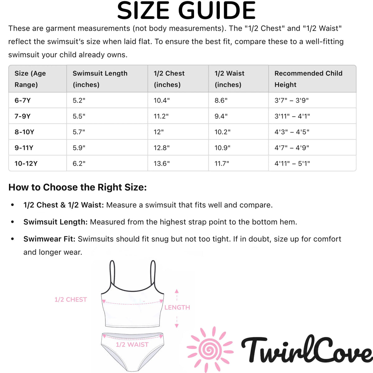 Size guide for Girls Rainbow Mermaid Two Piece Quick Drying Swimsuit