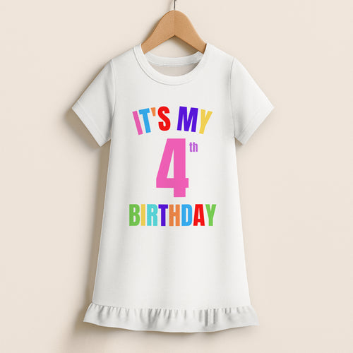 White short-sleeved birthday dress with colorful its my 4th birthday graphic and ruffled hem for girls