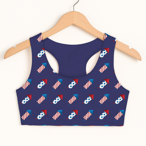 Girls 4th of July fireworks sports bra in navy blue with red white and blue fireworks print quick drying double layered comfort