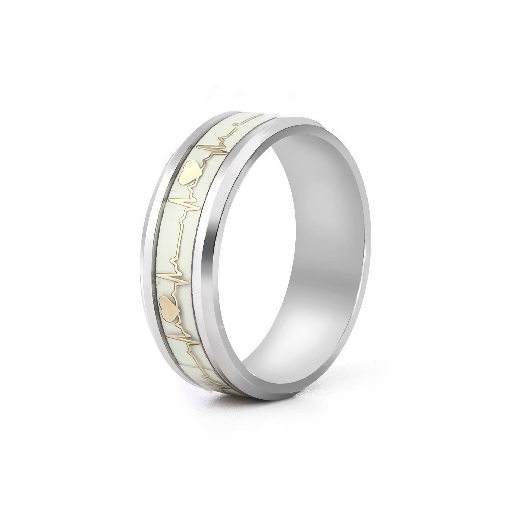 Silver ring with a heart design on a white background