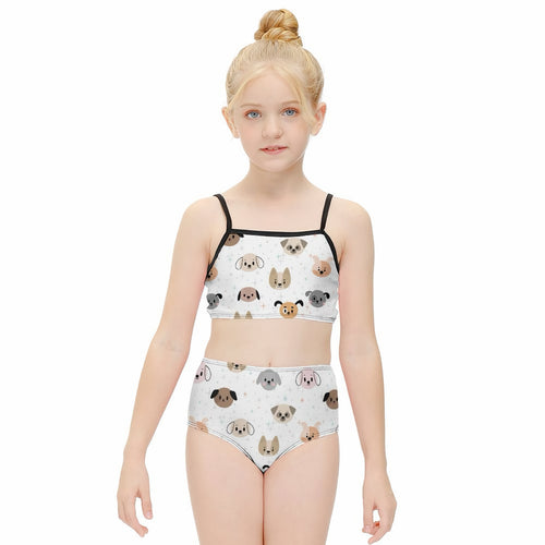 Girls dog face two piece quick drying swimsuit in white with black straps and colorful cartoon dog pattern