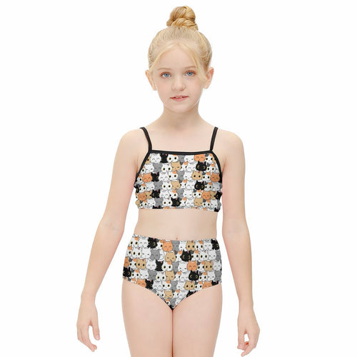 Girls cat two piece quick drying swimsuit with playful multicolor cartoon cats on a light background