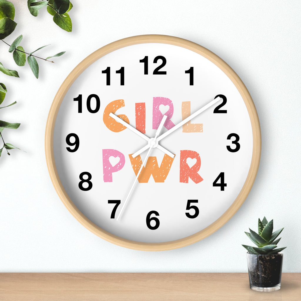 Girl power kids silent wood wall clock with light wood frame white face pink and orange girl pwr lettering and silver hands