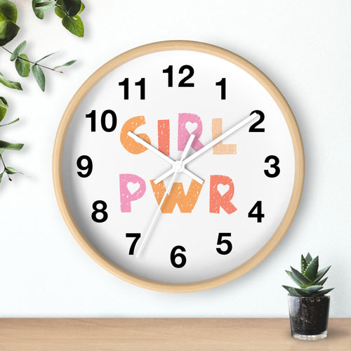 Girl power kids silent wood wall clock with light wood frame white face pink and orange girl pwr lettering and silver hands