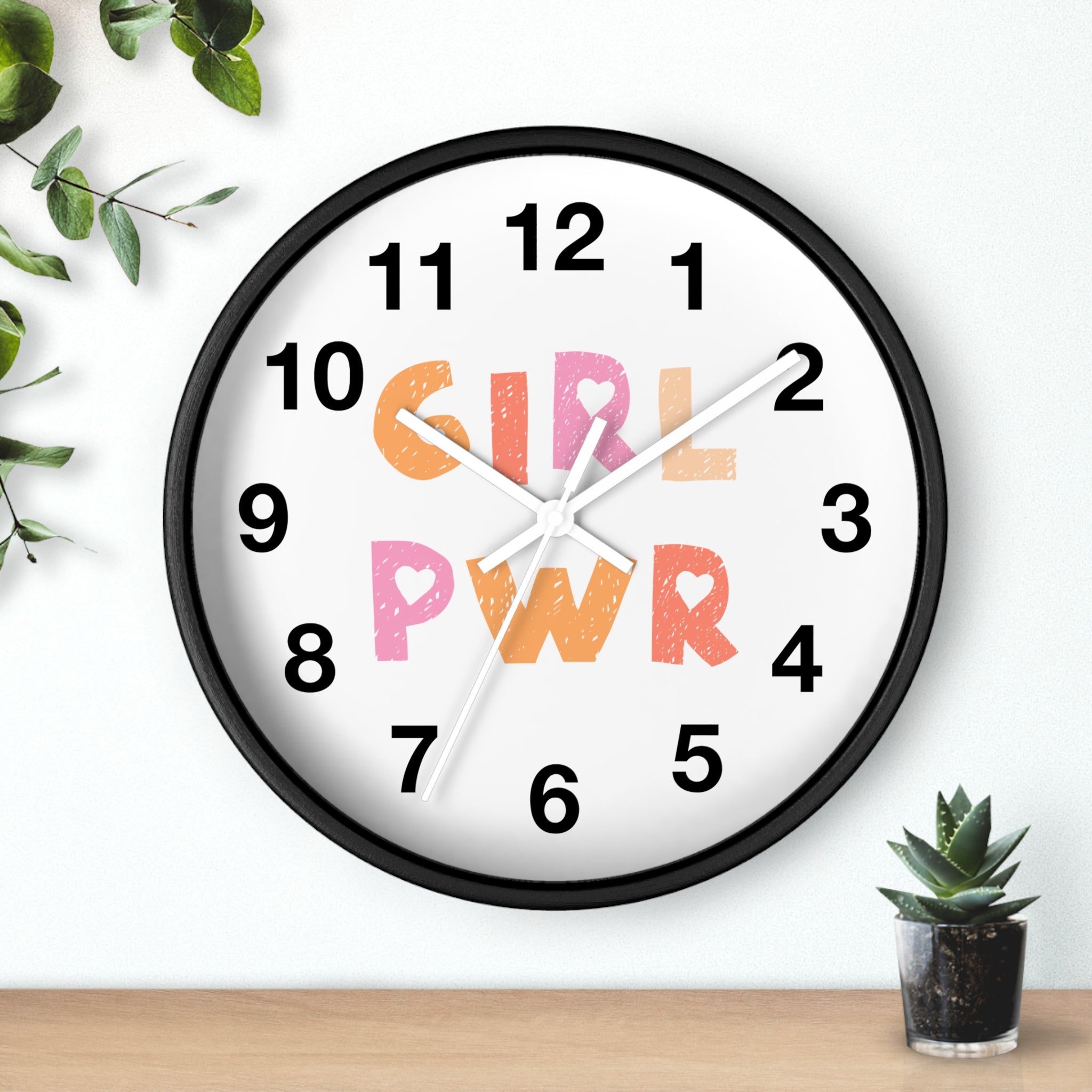 Girl Power kids silent wood wall clock with black frame white face and pink orange girl pwr lettering