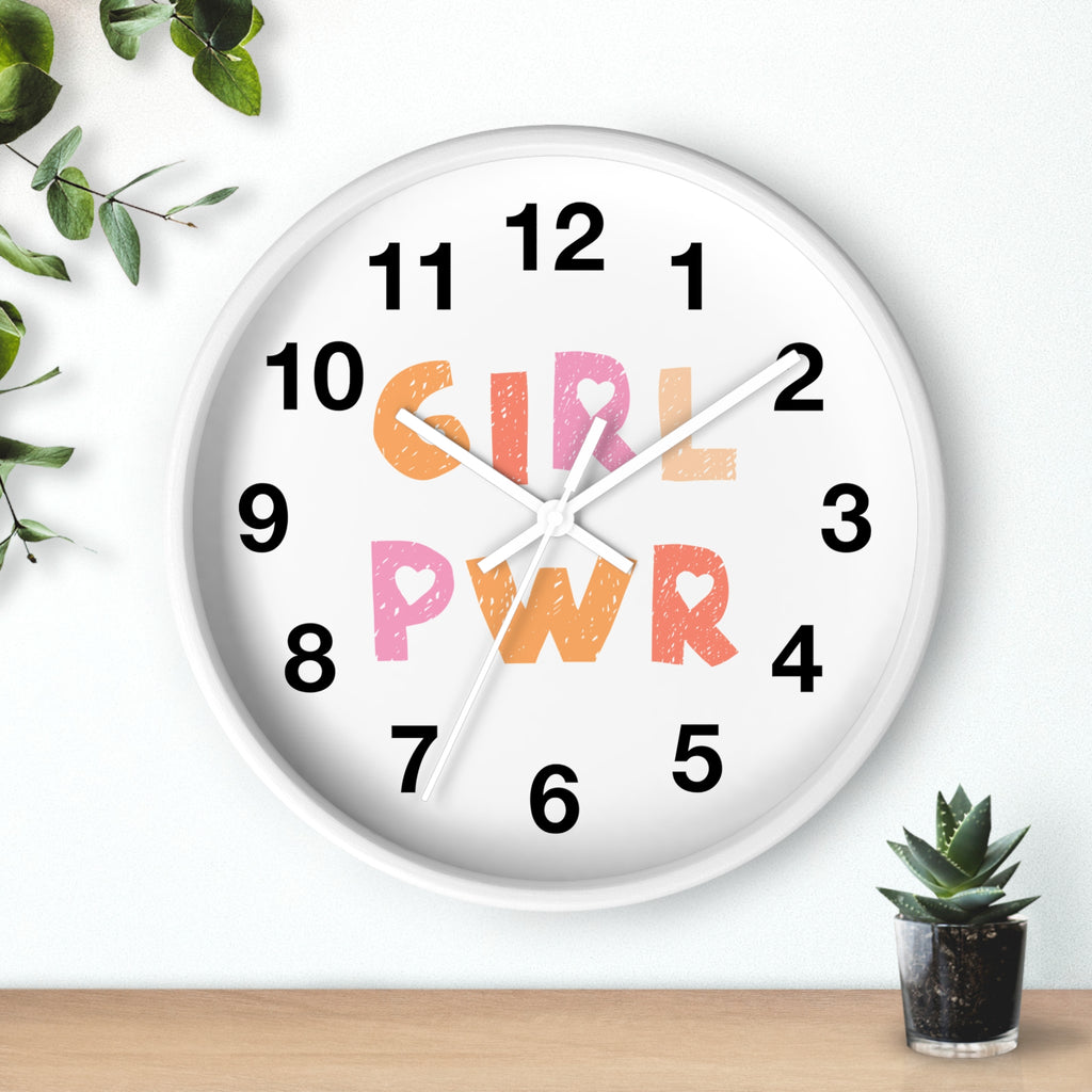 White wood girl power kids silent wall clock with black numerals and colorful pink and orange lettering