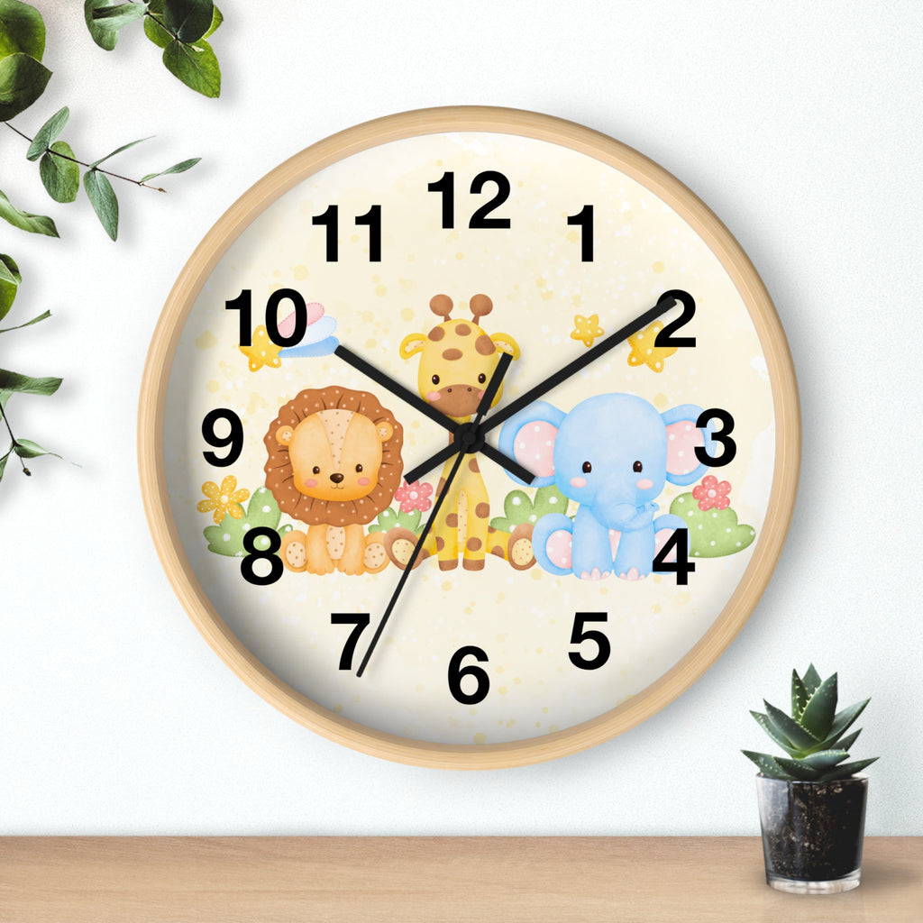 Kids safari animals silent wood wall clock with round wooden frame and cartoon lion giraffe and elephant on cream background