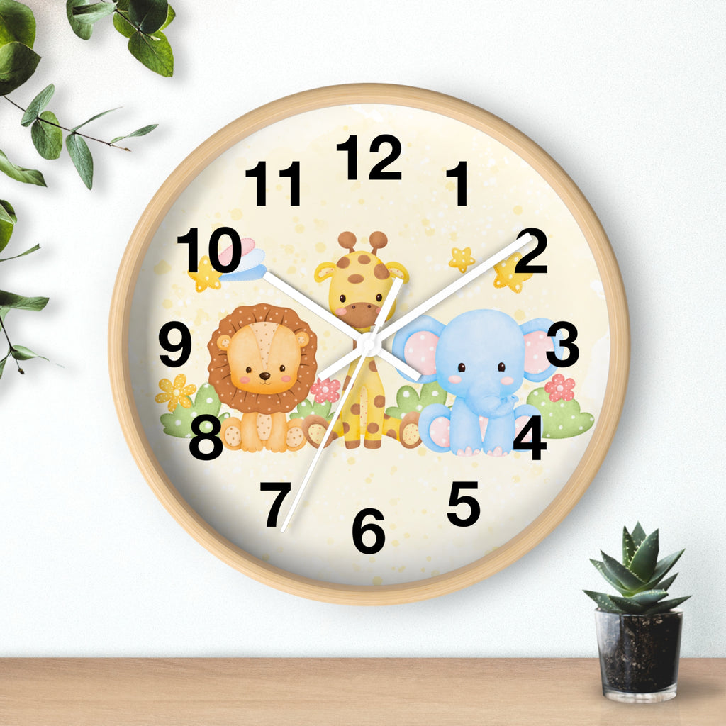 Kids safari animals silent wood wall clock with round wooden frame cream face and cartoon lion giraffe elephant design