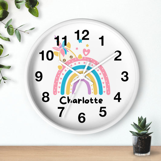 Girls Custom Name Unicorn Rainbow Silent Wood Wall Clock