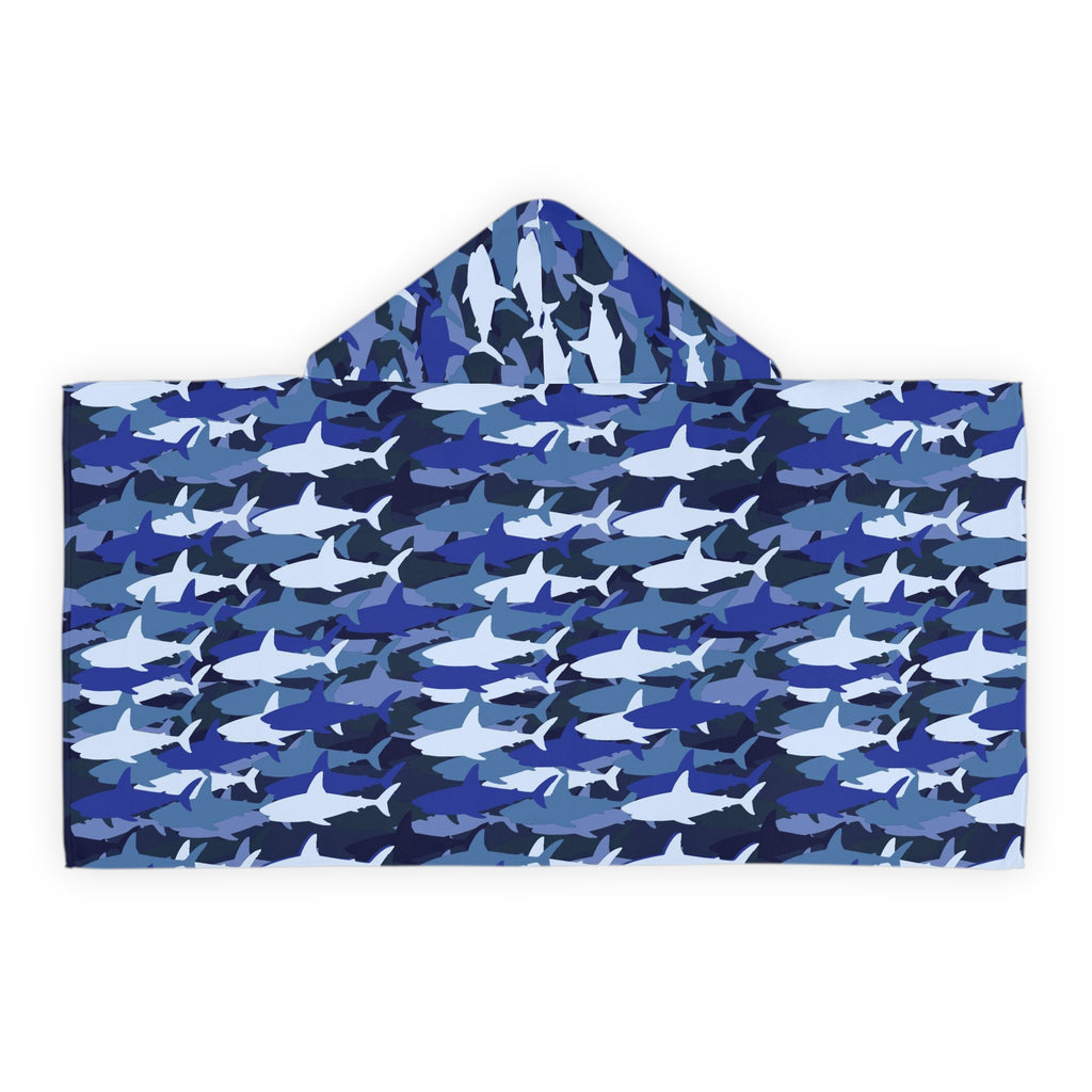 Kids blue shark hooded towel with soft absorbent fabric featuring blue and white shark patterns for bath and beach use