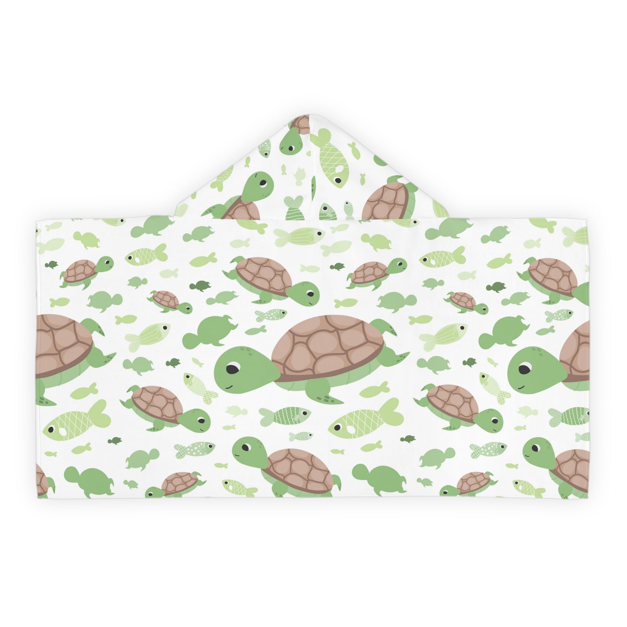 A soft white hooded towel with green and brown cartoon turtles and fish for kids bath and beach use