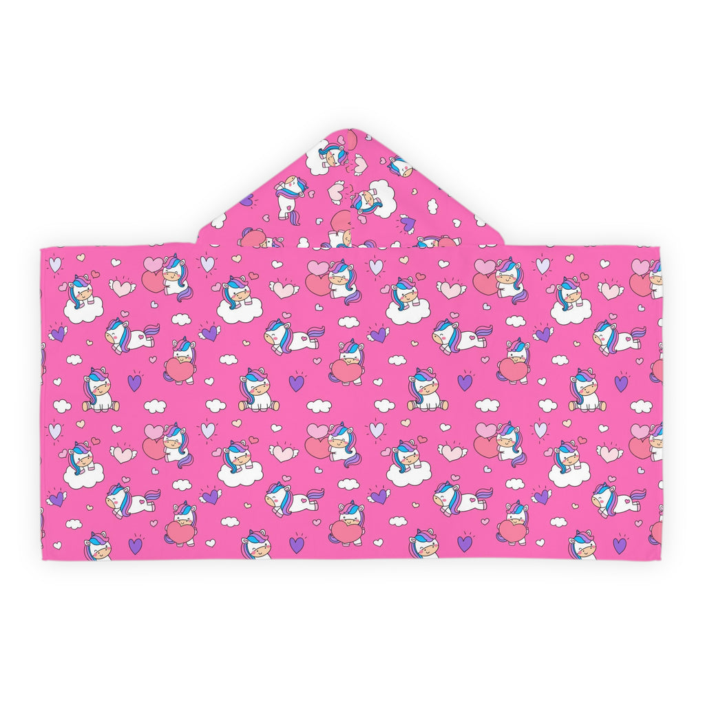 Girls unicorn hearts hooded towel in pink soft fabric with playful unicorn heart and cloud pattern for bath and beach wrap