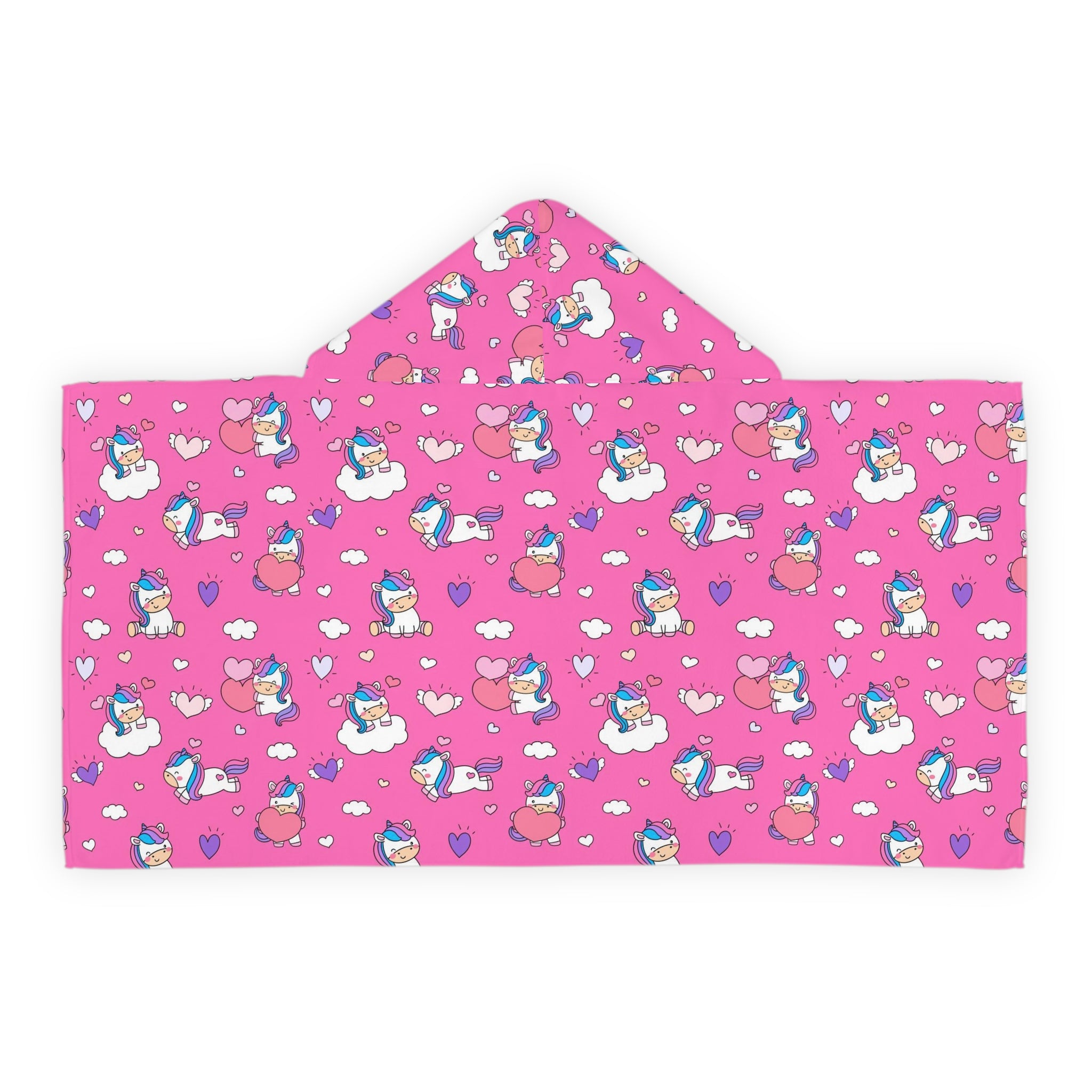 Girls unicorn hearts hooded towel in pink soft fabric with playful unicorn heart and cloud pattern for bath and beach wrap