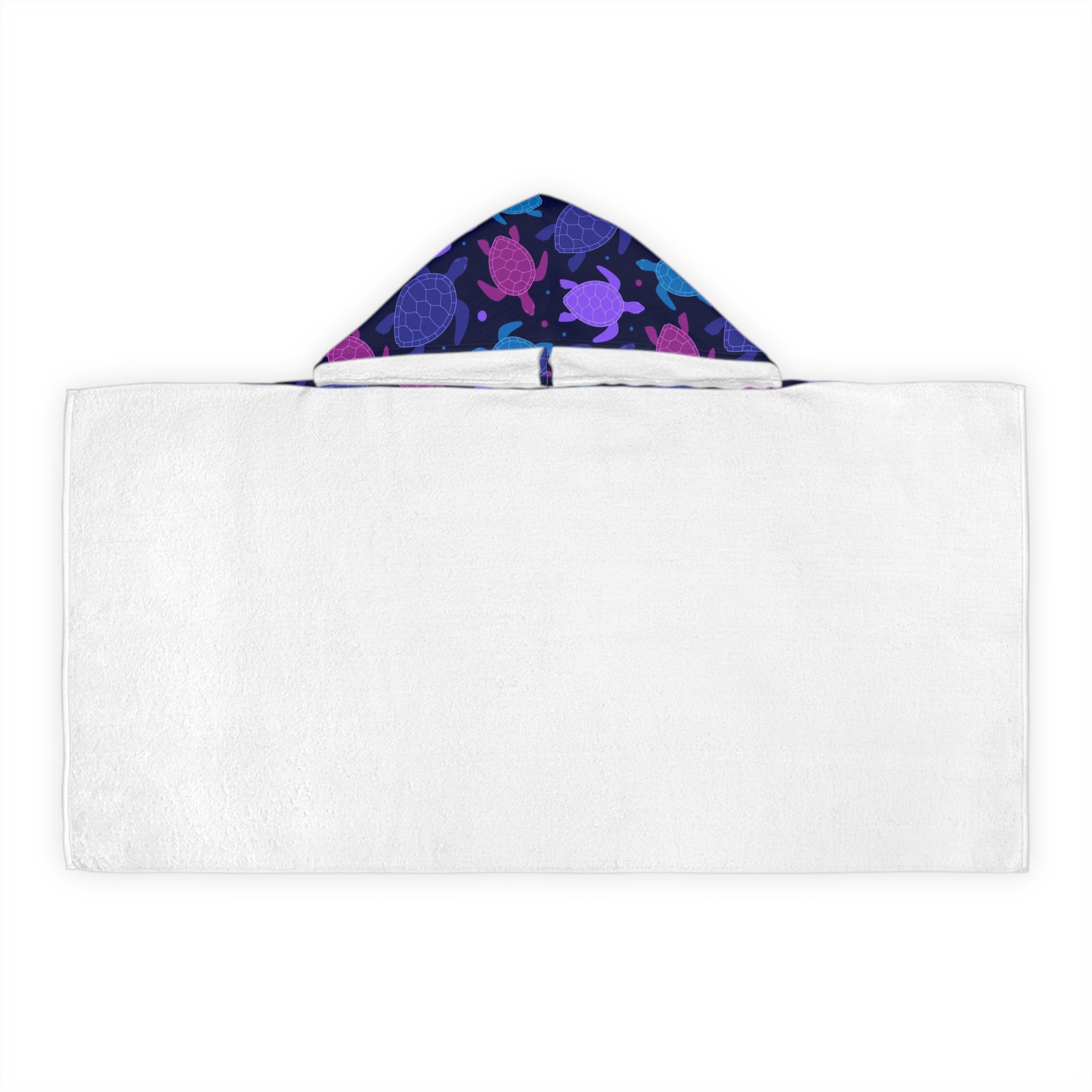 Kids purple sea turtle hooded towel with white exterior navy blue interior and colorful pink and purple turtle patterns