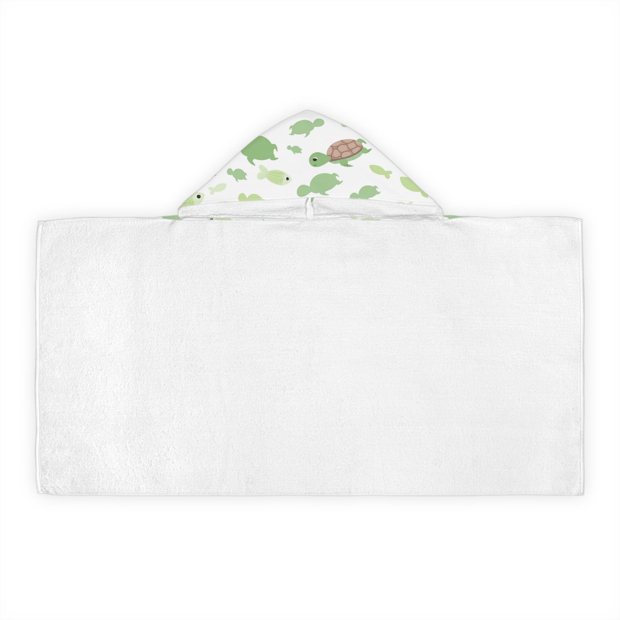 White hooded towel with playful green sea turtles and fish pattern on hood soft absorbent for kids bath and beach wrap