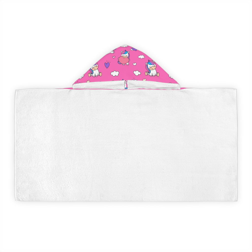 Girls unicorn hearts hooded towel in pink and white with soft plush texture for bath and beach use