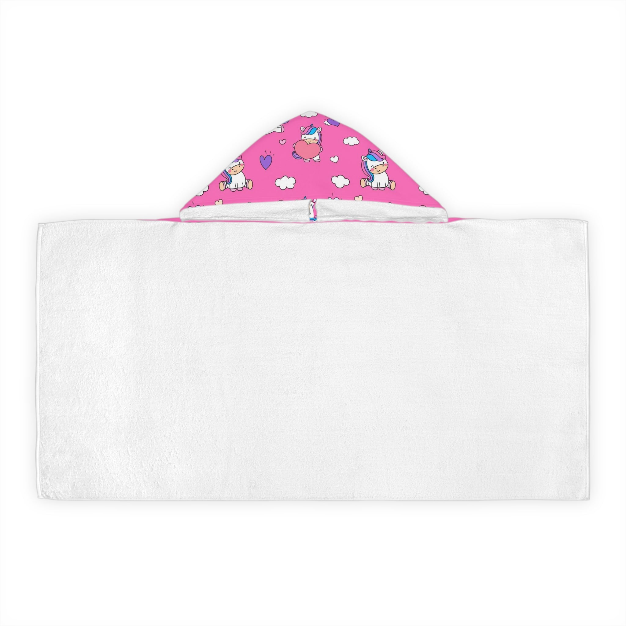 Girls unicorn hearts hooded towel in pink and white with soft plush texture for bath and beach use
