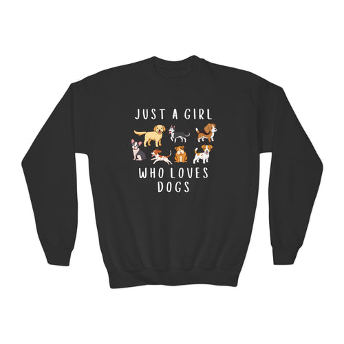 Black long-sleeved cozy sweatshirt with white cartoon dogs graphic and just a girl who loves dogs text for kids