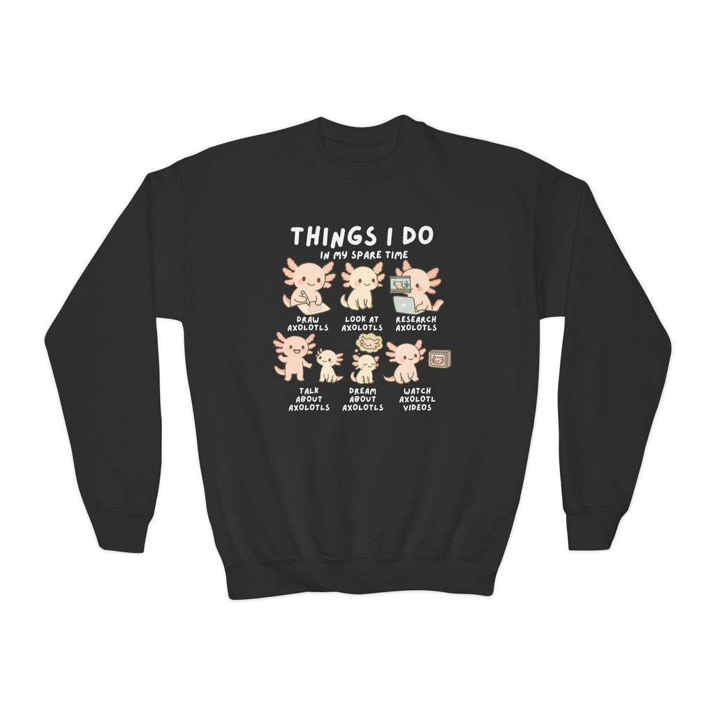 Back view of black kids sweatshirt with cartoon axolotl graphic showing six spare time activities for animal lovers