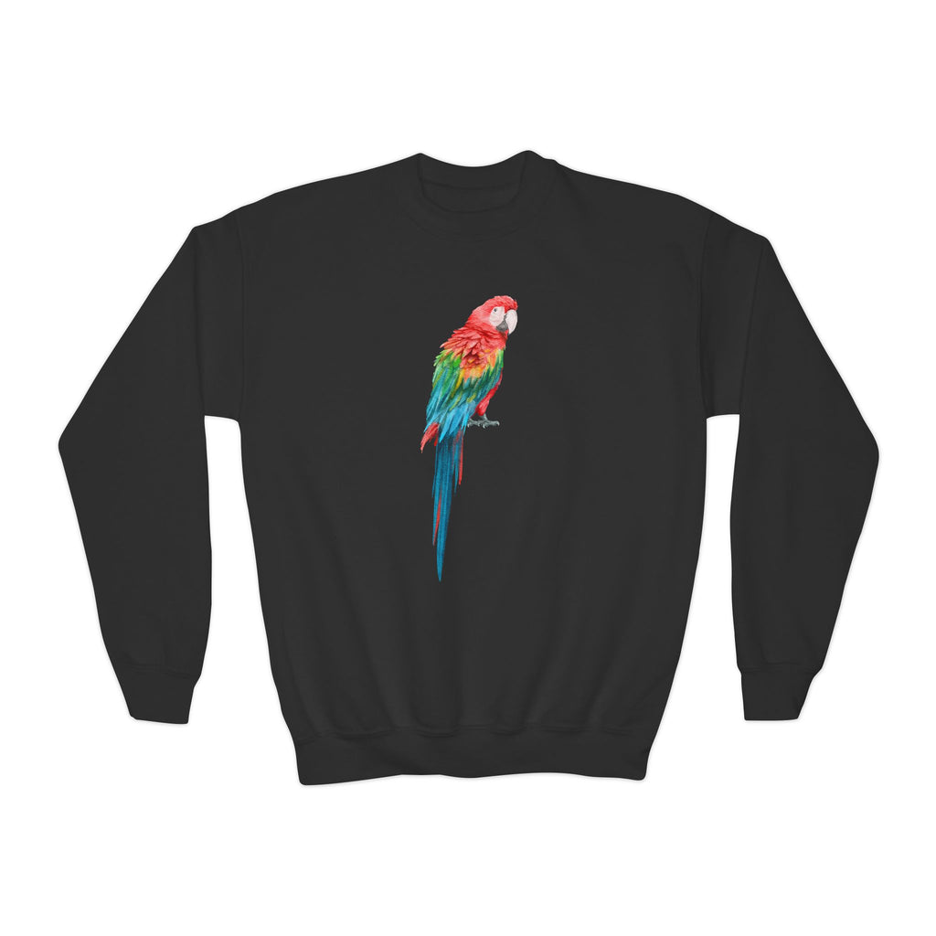 Black kids sweatshirt with a vibrant multicolored parrot graphic tropical bird pullover design