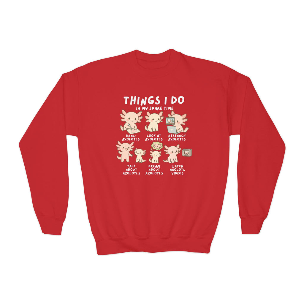 Red long-sleeved sweatshirt with a cartoon axolotl graphic on the back perfect for kids and animal lovers