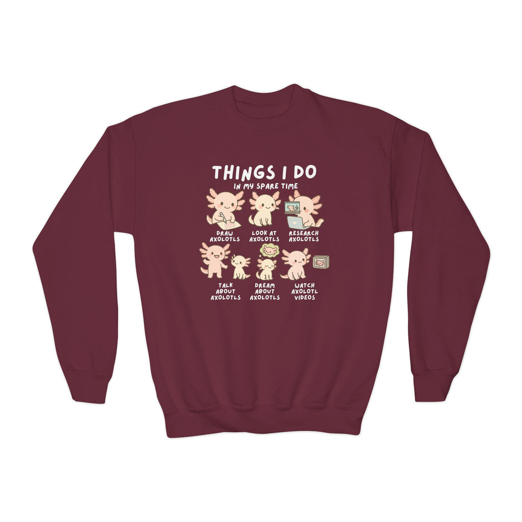Maroon kids long-sleeved sweatshirt with a cartoon axolotl graphic and things i do in my spare time text