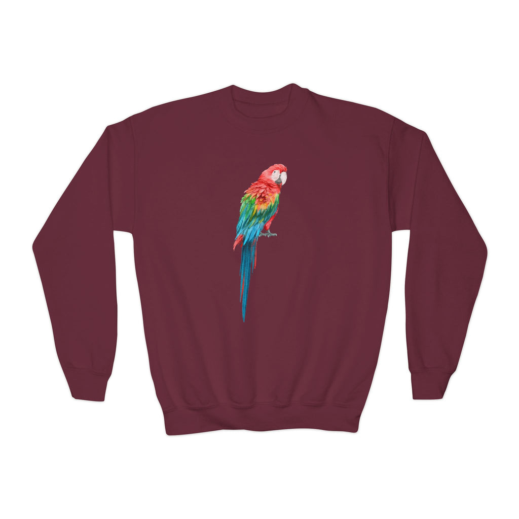 Kids colorful parrot sweatshirt in maroon featuring a vibrant macaw parrot graphic with red green and blue feathers