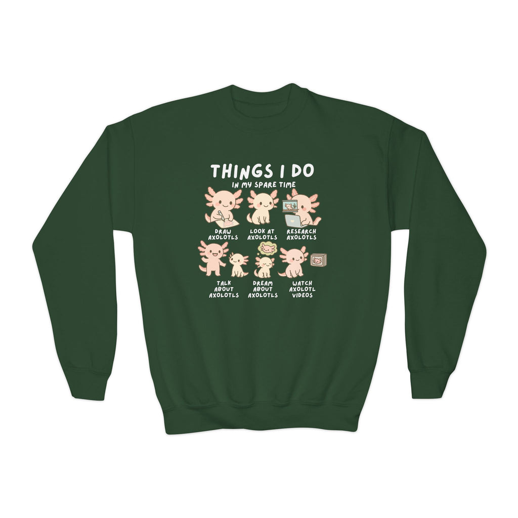 Dark green long-sleeved kids sweatshirt with playful axolotl illustration and text things i do in my spare time