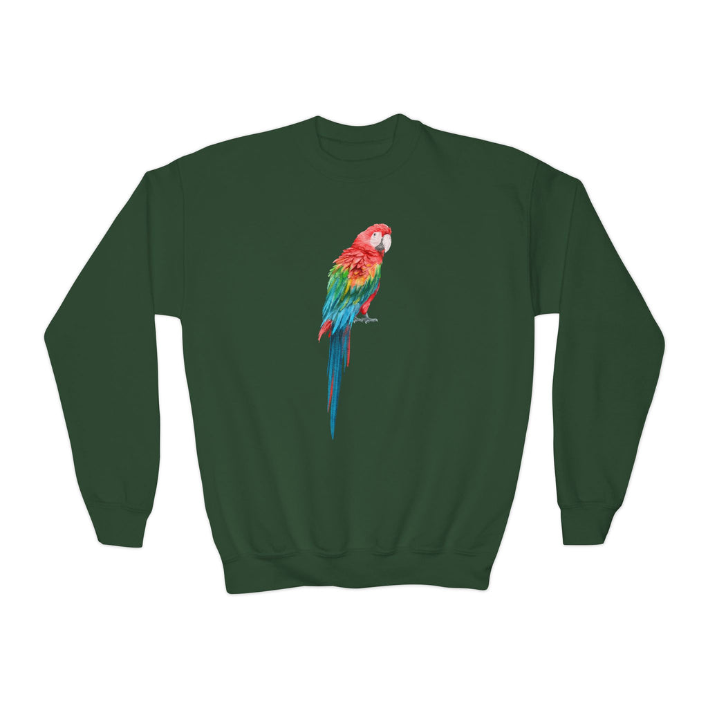 Dark green crewneck sweatshirt for kids featuring a vibrant multicolored parrot graphic pullover design
