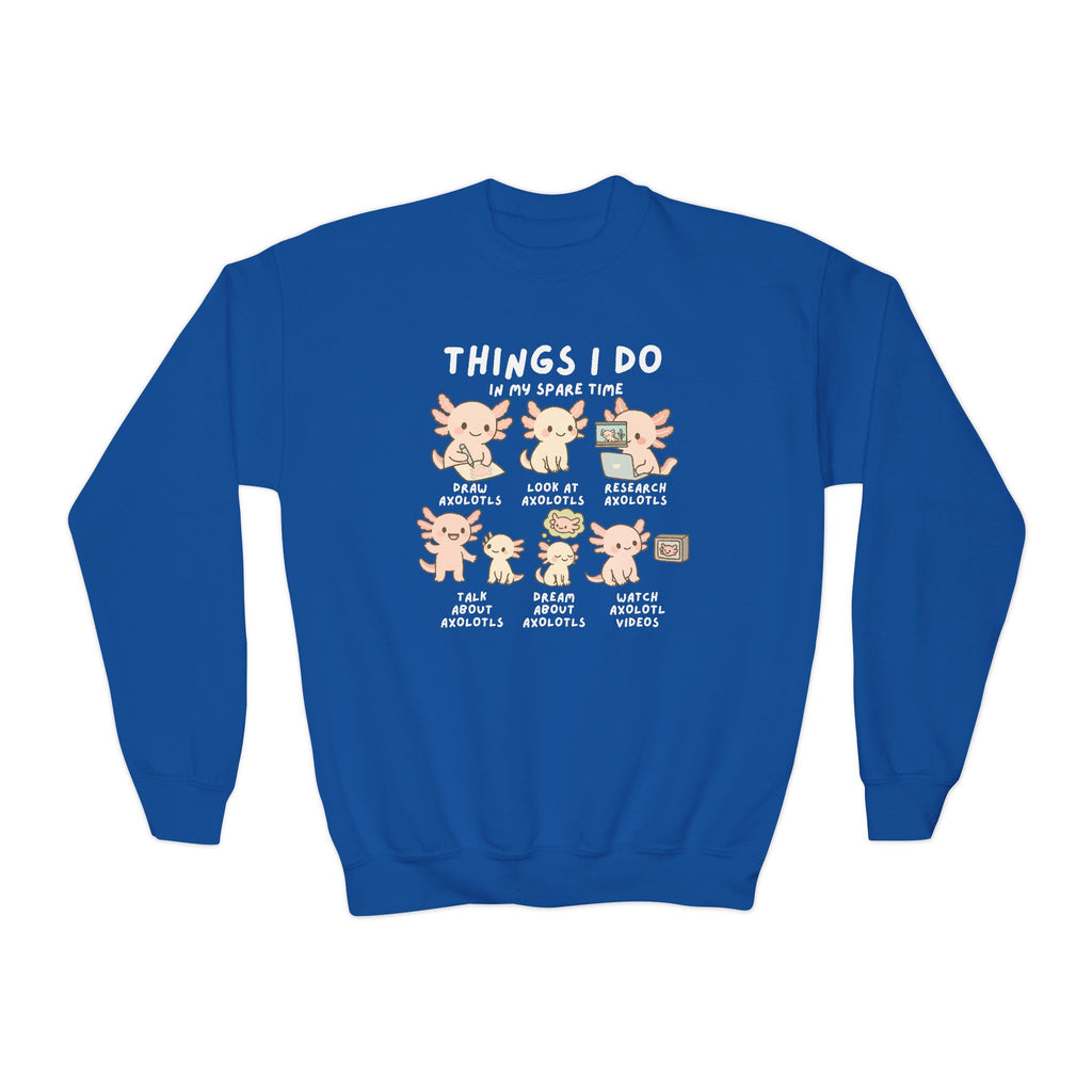 Royal blue kids long-sleeved sweatshirt with playful axolotl cartoon and things i do in my spare time text