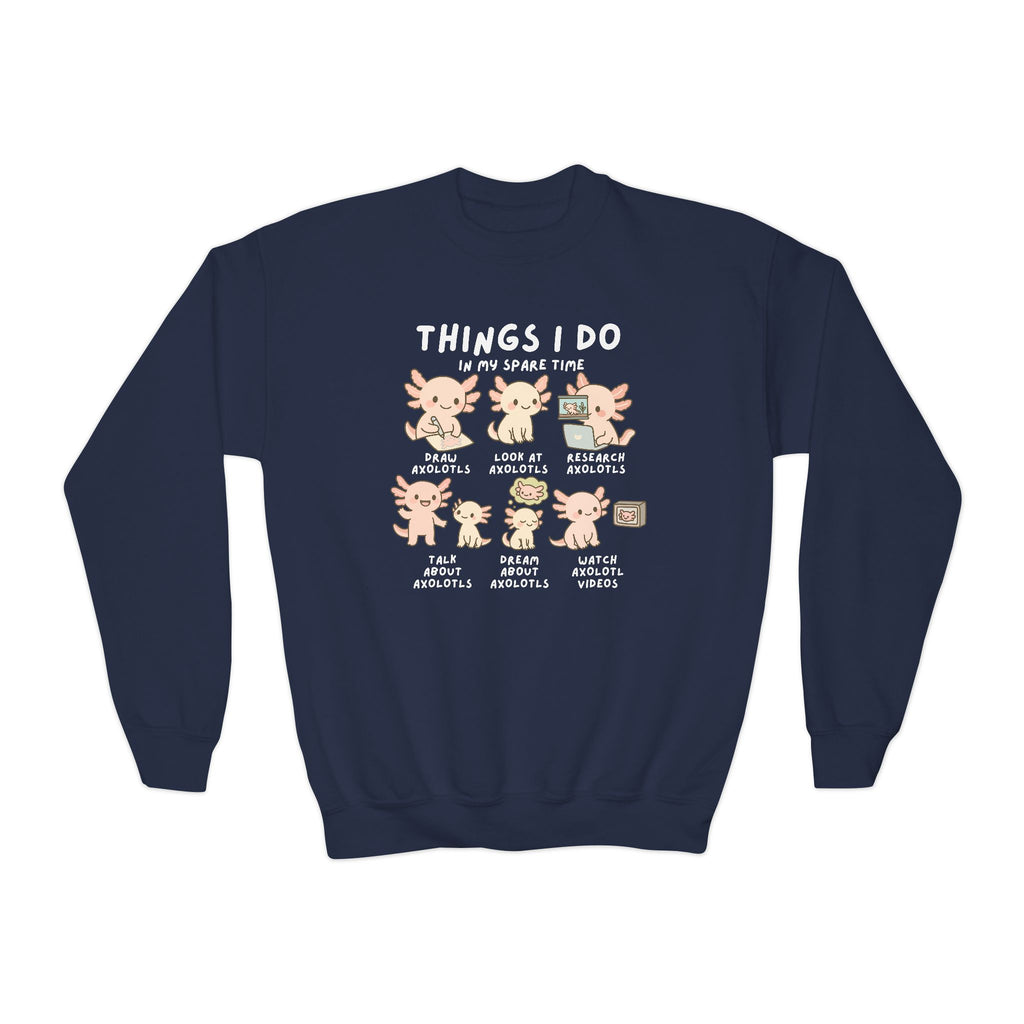 Back of navy blue kids sweatshirt with cartoon axolotl graphic showing six spare time activities pullover design