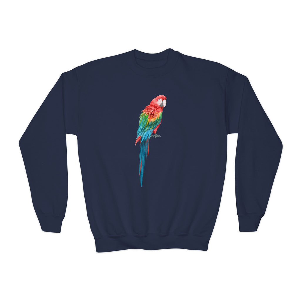 Navy blue kids sweatshirt with vibrant colorful tropical parrot graphic on front soft comfortable pullover