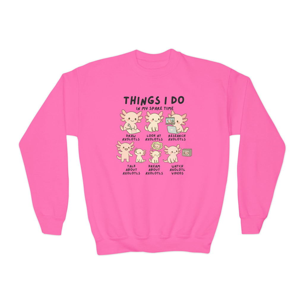 Kids vibrant pink long-sleeved sweatshirt with playful axolotl graphic and text things i do in my spare time pullover