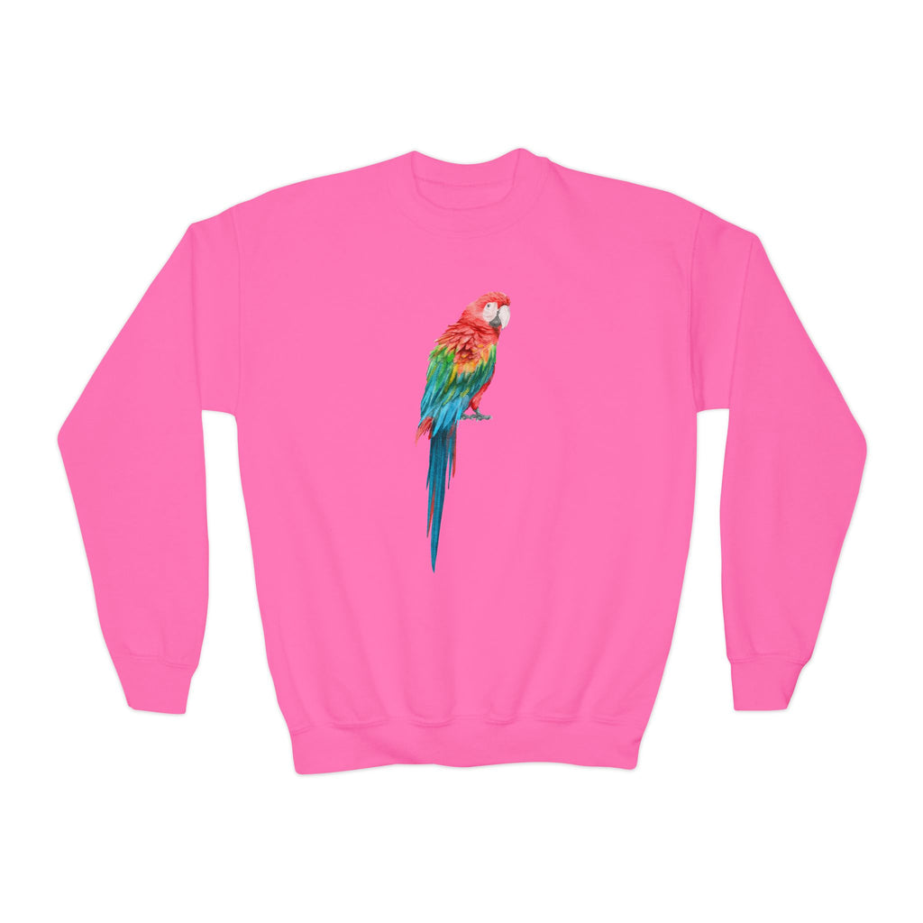 Bright pink kids sweatshirt with vibrant colorful tropical parrot graphic on front perfect for casual wear