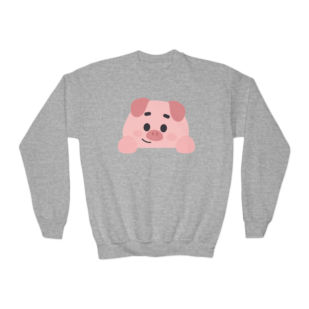 Gray sweatshirt with a pink pig graphic on a white background